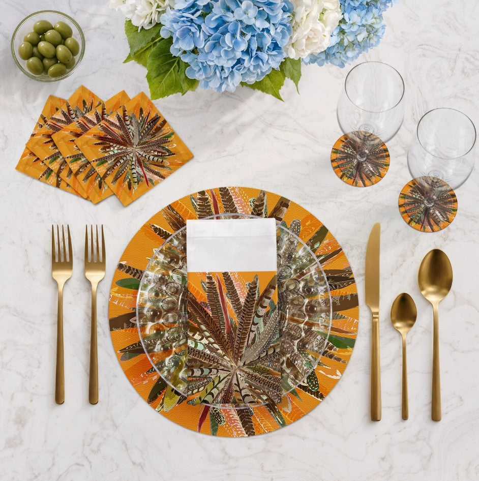 Pheasant Feathers Vegan Leather Round Pebble Placemat - Set of 4