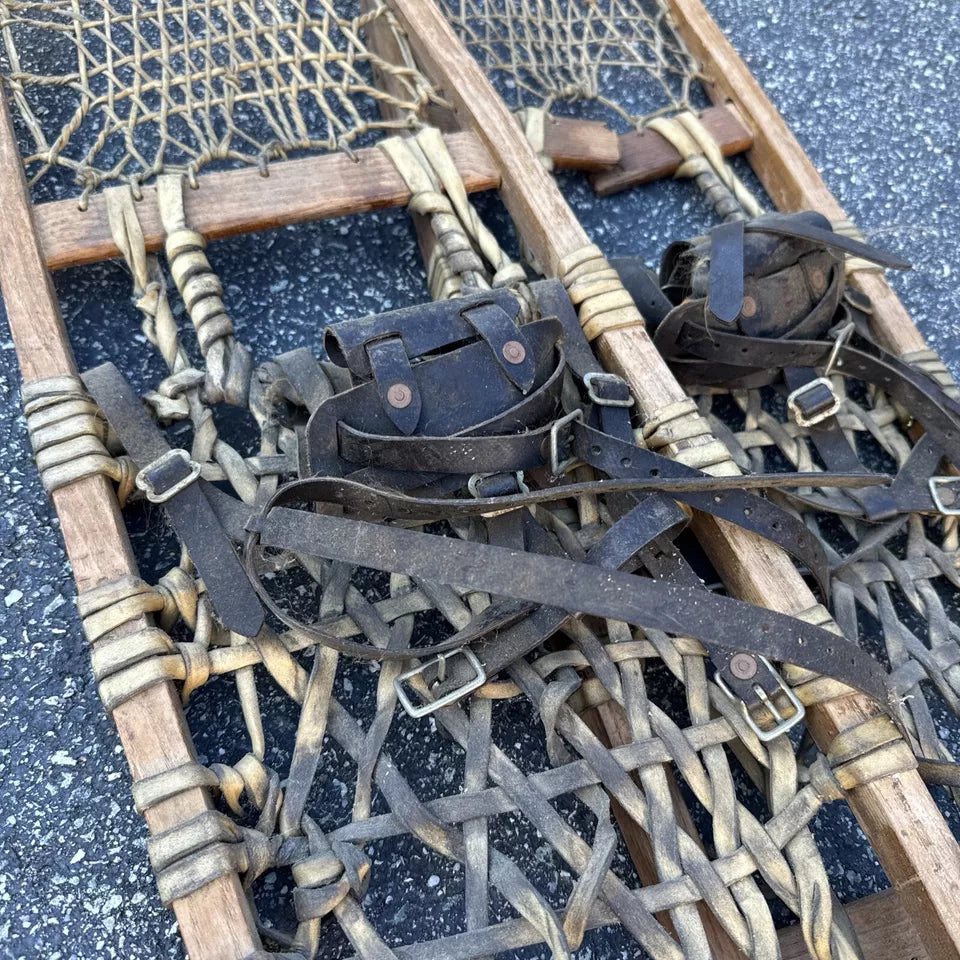 Vintage Wooden Snowshoes with Leather Bindings