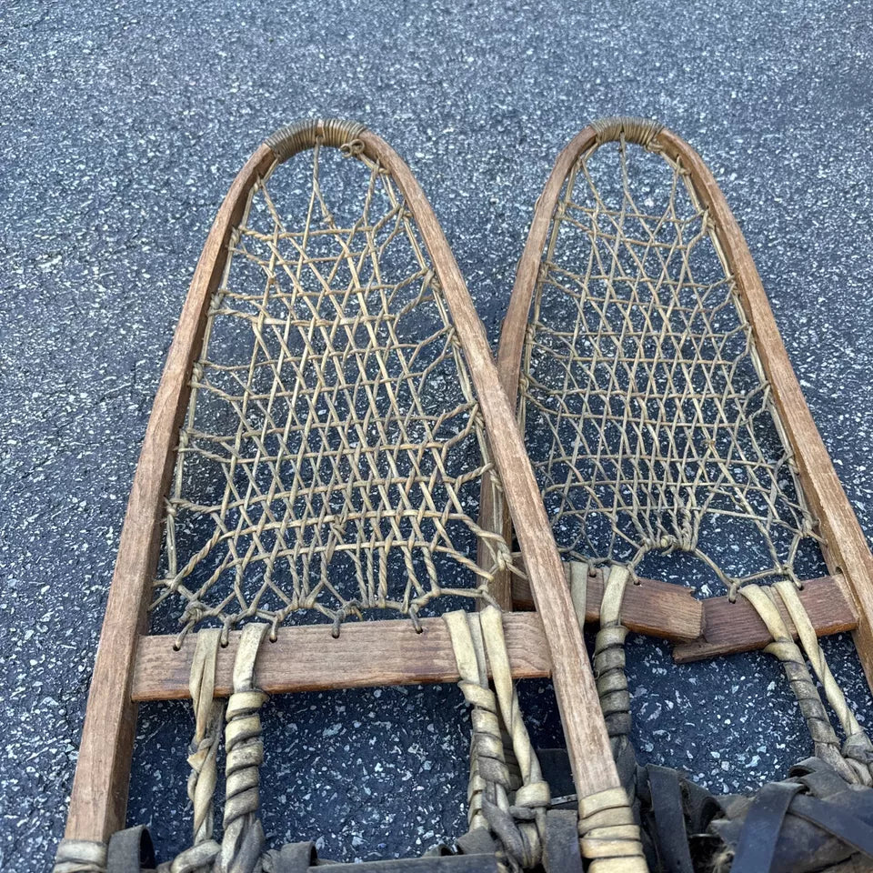 Vintage Wooden Snowshoes with Leather Bindings