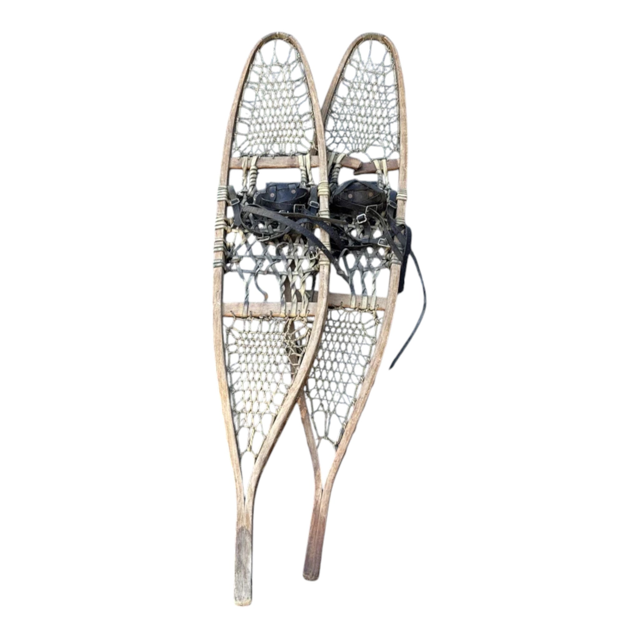Vintage Wooden Snowshoes with Leather Bindings