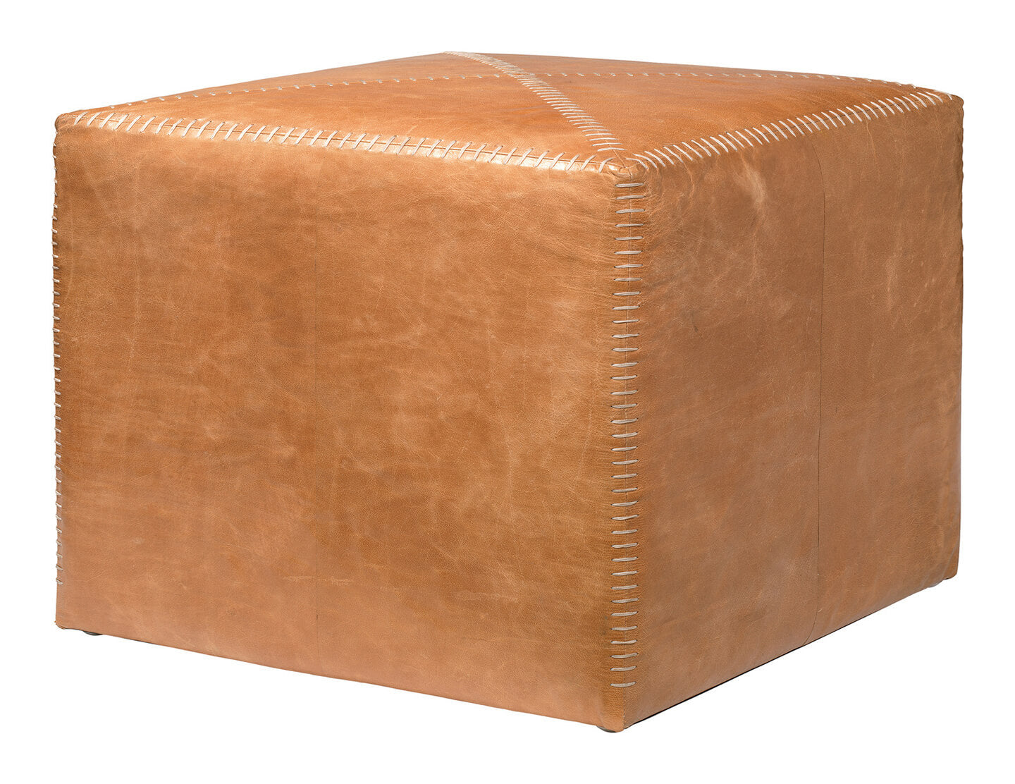 Leather Whip Stitch Ottoman - Saddle Brown